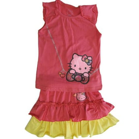 Hello Kitty Little Girls Coral Yellow Necklace Print Tiered 2 Pc Skirt Set 4-6X