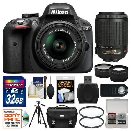 Nikon D3300 Digital SLR Camera & 18-55mm VR DX II AF-S Lens (Black) - Factory Refurbished with 55-200mm VR Zoom Lens + 32GB Card + Case + Tripod + Tele\/Wide Lens Kit