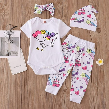 Infant Baby Girl Romper Pants Headband Hat Clothes Outfit Set 0-3 Months