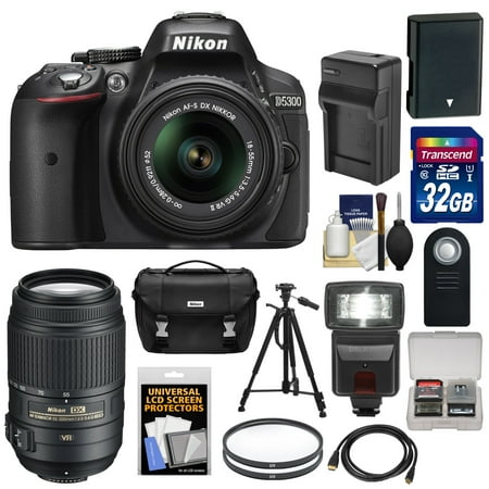 Nikon D5300 Digital SLR Camera & 18-55mm G VR II Lens (Black) with 55-300mm VR Lens + 32GB Card + Battery & Charger + Case + Flash + Tripod + Kit Nikon D5300 Digital SLR Camera & 18-55mm G VR II Lens (Black) with 55-300mm VR Lens + 32GB Card + Battery & Charger + Case + Flash + Tripod + Kit