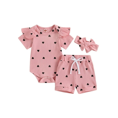 

Sunisery Newborn Baby Girls Summer Shorts Outfit Heart Print Rib Knit Short Sleeve Romper Shorts Headband 3Pcs Set Pink 9-12 Months