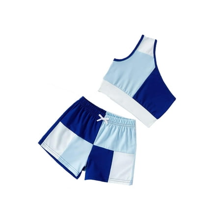Casual Colorblock One Shoulder Sleeveless Blue and White Toddler Girls Two-piece Outfits (Girl s)