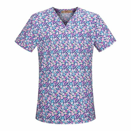 

Sksloeg Womens Scrub Tops Stretchy Cartoon Printed V-Neck Flower Patterned Workwear With Pockets Shirts Nursing Working Uniform Purple XXL