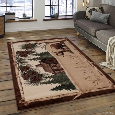 Brown Mama Bear with Cub with Paw Prints Area Rug (3' 9" x 5' 1")