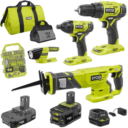 

Ryobi 4-Tool Super Combo Bundle 18-Volt ONE+ Lithium-Ion Cordless with Drill/Driver Impact Driver Reciprocating Saw Work Light (2) Batteries 18-Volt Charger Drill Bit Set Buho Tool Bag