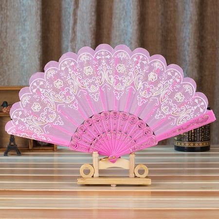 PhoneSoap Chinese Style Dance Wedding Party Lace Silk Folding Hand Held Flower Fan Pink Pink