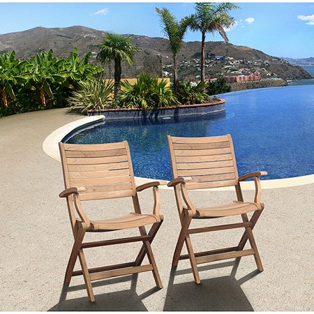 Amazonia Turnberry Teak Wood Outdoor Folding Armchairs, Set of 2, Light Brown