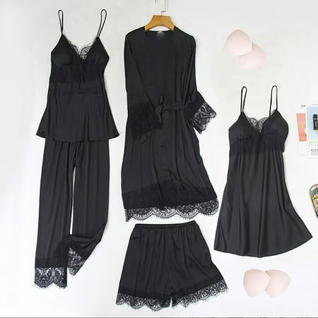 Qiaocaity Pajamas for Women 5 Pieces Lingerie Set Silk Satin Solid Temptation Babydoll Underwear Sleepwear Camisole Nightdress + Nightgown Robe Suit Gifts for Women Black L
Qiaocaity Pajamas for Women 5 Pieces Lingerie Set Silk Satin Solid Temptation Babydoll Underwear Sleepwear Camisole Nightdress + Nightgown Robe Suit Gifts for Women Black L