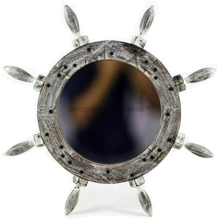Wooden Ship Wheel Mirror (Wires & Screws) (30 Inches Rustic Grey)