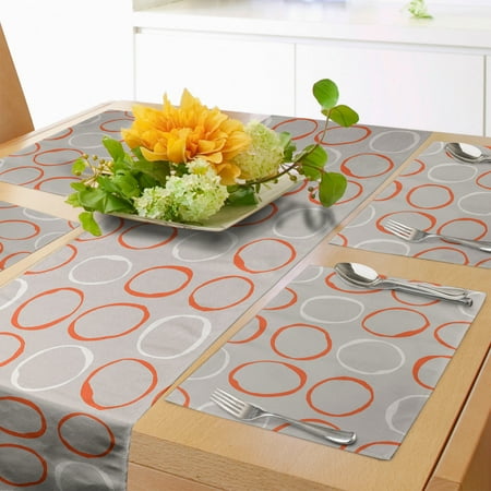 Orange Table Runner & Placemats Sketchy Circles in Simplistic Style Rounded Ovals Minimalist Creative Modern Art Set for Dining Table Placemat 4 pcs + Runner 16 x90 Dust and White by Ambesonne