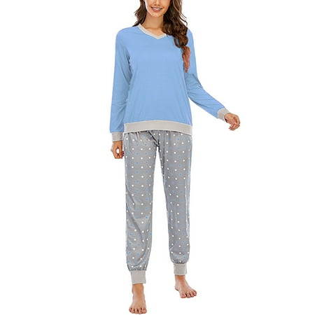 

2Pcs Women Autumn Winter Long Sleeve Womens PJ S Lounge Wear Pyjama Set Sleepwear Nightwear Tops+Polka Dot Pants Set