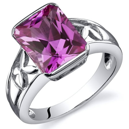 Peora 4.00 Ct Created Pink Sapphire Engagement Ring in Rhodium-Plated Sterling Silver