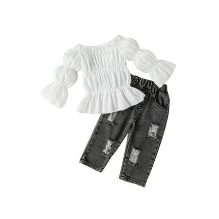 Kids Girls Denim Long Pants Outfits Off Shoulder Elastic Ruffle Skirt Long Sleeve Top and Ripped Jeans Set Children Casual Clothes
Kids Girls Denim Long Pants Outfits Off Shoulder Elastic Ruffle Skirt Long Sleeve Top and Ripped Jeans Set Children Casual Clothes