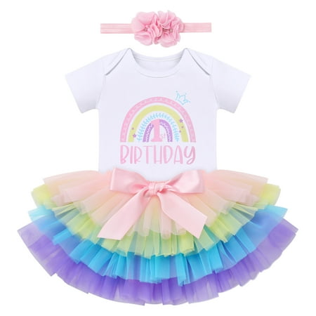 

Boho Rainbow 1st Birthday Outfit for Baby Girl One Year Old Party Cake Smash Photo Shooting Cotton Short Sleeve Romper Princess Tutu Tulle Skirt Flower Headband 3pcs Set