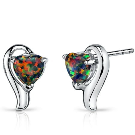 Peora 1.25 Ct Heart Shape Black Opal Sterling Silver Stud Earrings Rhodium Finish