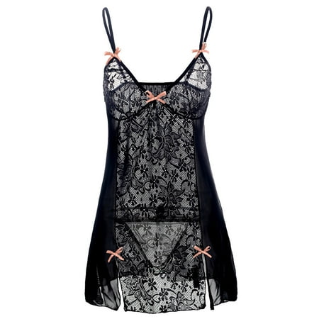 

EHTMSAK Women s Nightgown Lingerie See Through Sexy Split Chemise Lace Babydoll Lingerie Black 4XL