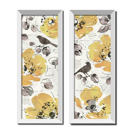 Beautiful Grey and Yellow Floral and Bird Print Set by Pela; Two framed 8x18in Prints; Ready to hang!