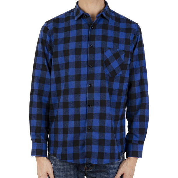 LELINTA Men's Long Sleeve Plaid Shirt Mens Plaid Standard-Fit Checked Button Down Cotton Casual Shirts Blue