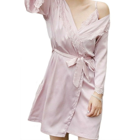 3Pcs Sexy Lingerie Women Silk Lace Robe Dress Babydoll Nightgown Sleepwear Sets