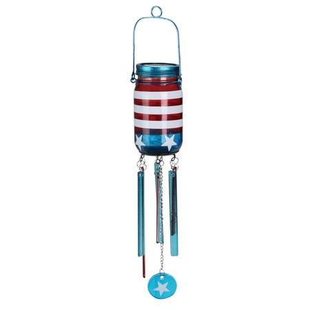 20" Solar Powered LED Patriotic Red, White and Blue Mason Jar Wind Chime