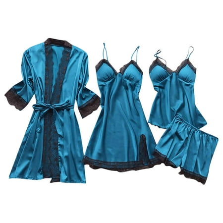 Huachen Lingerie Women Silk Lace Robe Dress Babydoll Sleepwear Nightdress Pajamas Set