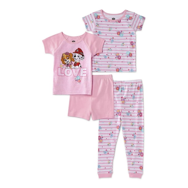 Paw Patrol Toddler Girls Snug Fit Cotton Short Sleeve Pajamas, 4pc Set (2T-5T)