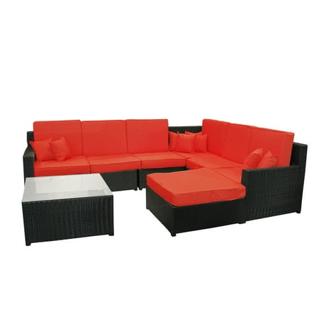 8-Piece Black Resin Wicker Outdoor Furniture Sectional Sofa, Table and Ottoman Set - Red Cushions