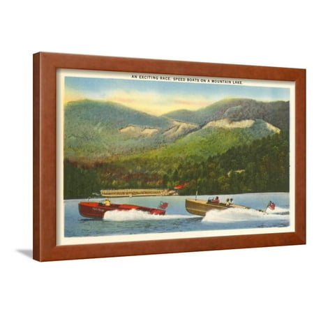 Speedboat Racing on Mountain Lake Framed Print Wall Art