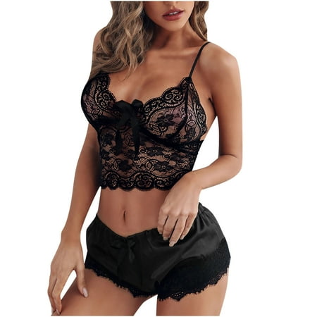 

Sexy Pajama Set for Women Spaghetti Strap Lace Cami and Shorts Two Piece Satin Lingerie Nightwear Sleepwear PJ Sets