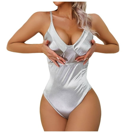 

Knosfe V Neck Babydoll Spaghetti Strap Satin Bodysuit for Women Teddy Lingerie M