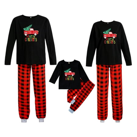 

GRNSHTS Matching Christmas Family Pajamas Sets Xmas PJ s Letter Print Top and Plaid Pants Jammies Sleepwear(Black Kids 5/6T)