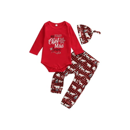 Sunisery 3Pcs My First Christmas Outfits Baby Boys Girls Snowflake & Letter Print Long Sleeve Romper Tops+ Plaids Pants + Hat Red 12-18 Months
Sunisery 3Pcs My First Christmas Outfits Baby Boys Girls Snowflake & Letter Print Long Sleeve Romper Tops+ Plaids Pants + Hat Red 12-18 Months