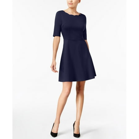 Monteau Petite Scalloped-Neck Fit & Flare Dress Blue PS