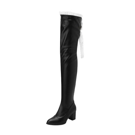 

Thigh High Boots for Women Over The Knee Boots PU Leather Pointed Toe Boots Side Zipper Chunky Block Heel Wide Calf Boots Long Booties