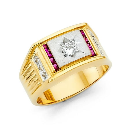 Two Tone 14K Solid Gold Magenta Cubic Zirconia Men's Ring, Size 9