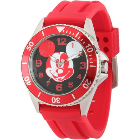 Disney Mickey Mouse Men's Silver Honors Stainless Steel Watch, Red Bezel, Red Rubber Strap