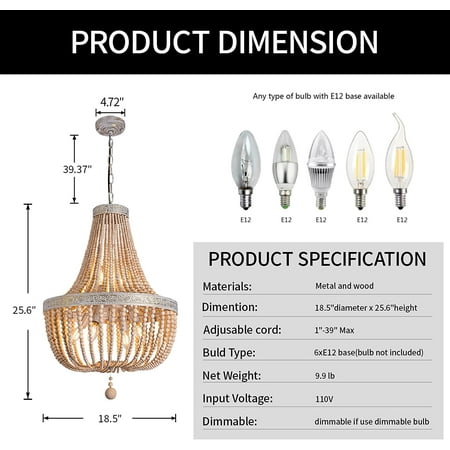 CHAOXY 6-Lights Farmhouse Boho Wood Bead Chandelier Modern Natural Wooden Beaded Pendant Light Fixture E12 Adjustable Pendant Lighting for Dining Room Living Room Bedroom
CHAOXY 6-Lights Farmhouse Boho Wood Bead Chandelier Modern Natural Wooden Beaded Pendant Light Fixture E12 Adjustable Pendant Lighting for Dining Room Living Room Bedroom