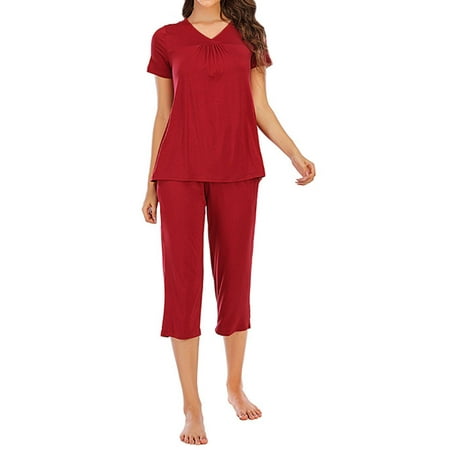

HUBERY Adult Women V Neck Short Sleeve Pockets Solid Color Leisure Pajama Set XL