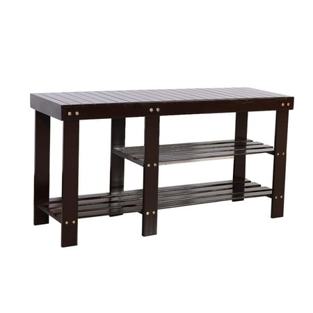 Htonron 90cm Strip Pattern Tiers Bamboo Stool Shoe Rack with Boots Compartment