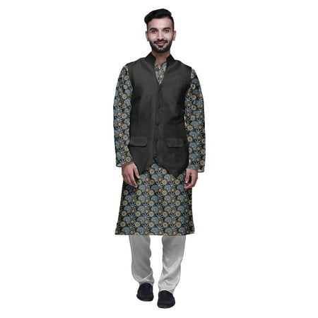 Atasi Traditional Printed Kurta Churidar Pajama Set With Nehru Jacket For Men