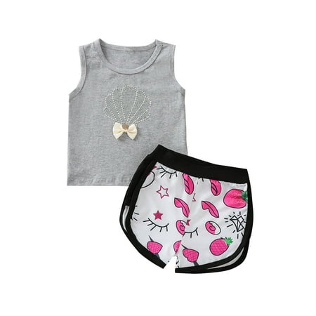 Seyurigaoka Toddler Girl’s Fashion Pearl Shell Vest and Printing Shorts Suit