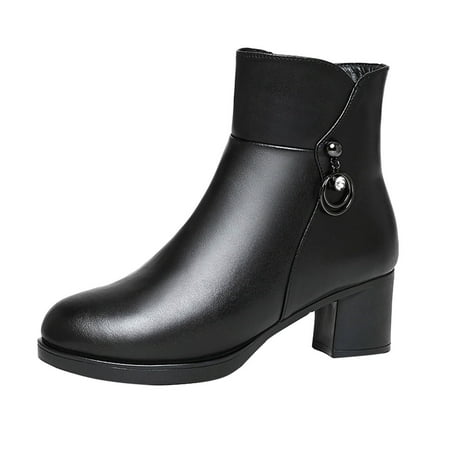 

EUHDSSDE Autumn And Winter Women Ankle Boots Heel Middle Heel Solid Color Black Side Zipper Velvet Warm