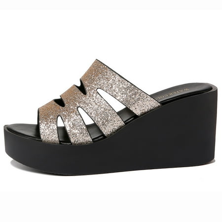 Women‘s Platform Wedge Slippers Glitter Sequins Open Toe Slides Shoes Fashionable Outdoor Slippers
Women‘s Platform Wedge Slippers Glitter Sequins Open Toe Slides Shoes Fashionable Outdoor Slippers