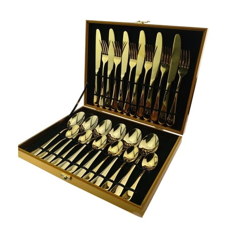 24 in 1 Stainless Steel Tableware Set Spoon Fork Cutlery Wooden Box Western Dinnerware Supplies (Golden)
24 in 1 Stainless Steel Tableware Set Spoon Fork Cutlery Wooden Box Western Dinnerware Supplies (Golden)