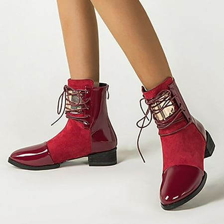 ERTUTUYI Women Chunky Heel Ankle Boots Short Boots Fashion Leather Boots Casual Shoes Side Zipper Booties Red 37