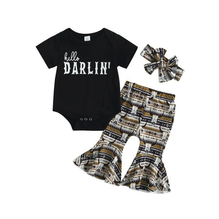 Newborn Baby Girls Summer Outfits Set Short Sleeve Romper with Bull Head Print Flare Pants Headband Suit Black 6-12 Months
Newborn Baby Girls Summer Outfits Set Short Sleeve Romper with Bull Head Print Flare Pants Headband Suit Black 6-12 Months