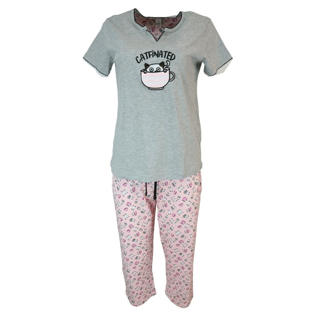 International Intimates Rene ROFE Women's Plus Size Cotton Pajama Set, Capri Pants (3X, Catfinated)