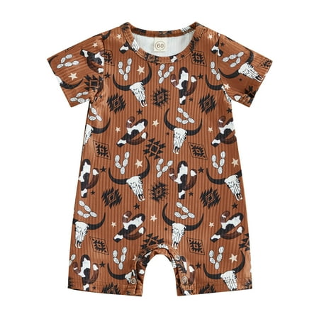 Baby Boys Summer Casual Jumpsuit Short Sleeve O Neck Cattle Head Print Loose Playsuit(0-18Months)
