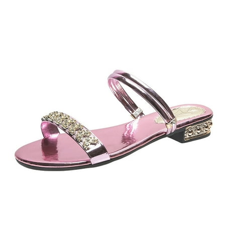 YOTAMI Womens Sandals Summer Sandals For Women Flat Slip On Sandals Crystal Roman Shoes Open Toe Casual Sandals Pink