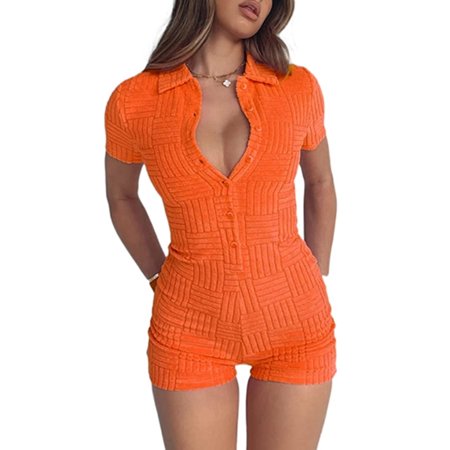 Frobukio Women Short Sleeve Jumpsuit Low Cut Solid Color Backless Bodysuit Casual Stripe Textured Summer Romper Orange Red M 
Frobukio Women Short Sleeve Jumpsuit Low Cut Solid Color Backless Bodysuit Casual Stripe Textured Summer Romper Orange Red M